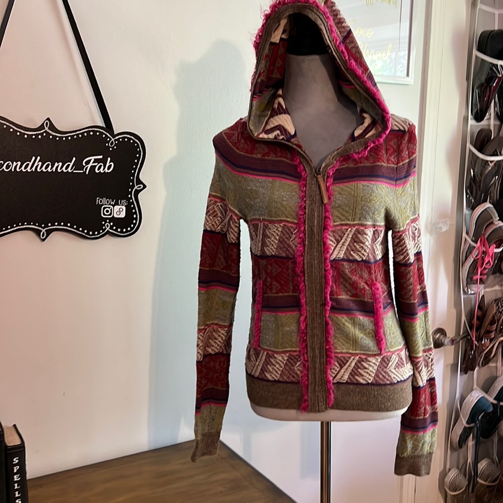 Anthropologie Moth Multicolored Wool Blend Zippered Sweater with Hood